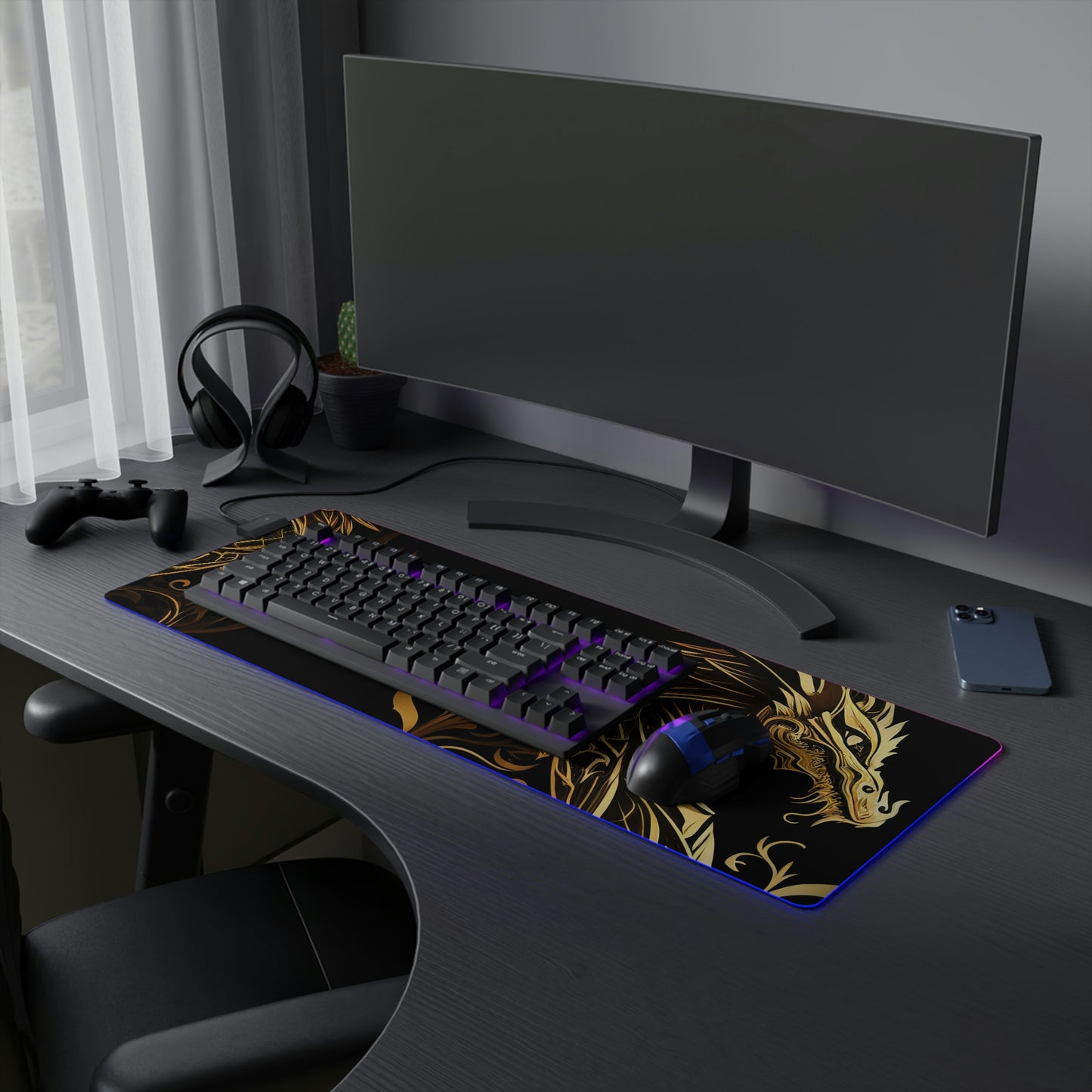 Black and Golden Dragon USB LED Gaming Mouse Pad | RGB LED Non-slip Gamer Desktop Mouse Pad