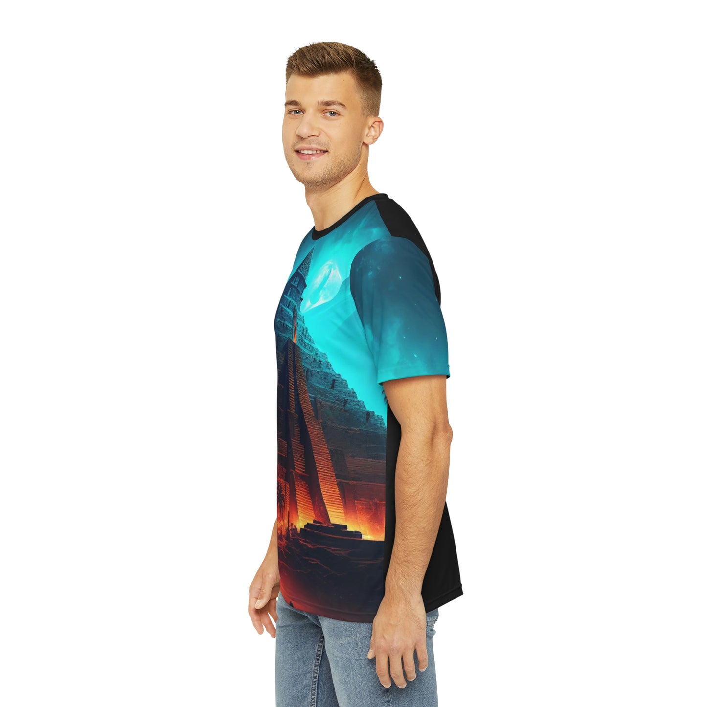 Aztec Pyramid at Night T-Shirt | Men's Printed Polyester Tee | Short Sleeve T-Shirt for Man