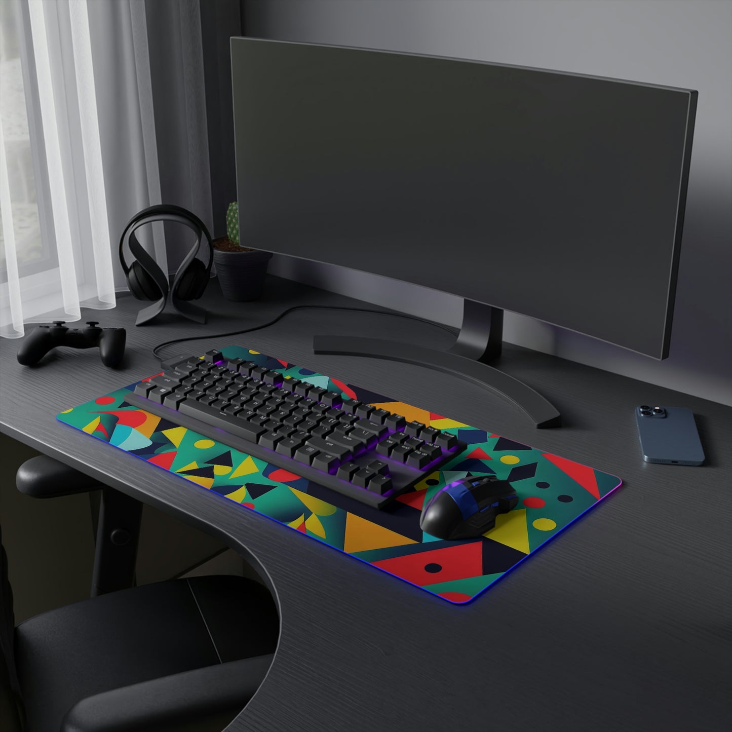 Color Geometric Shapes USB LED Gaming Mouse Pad | RGB LED Non-slip Gamer Desktop Mouse Pad | Multi-Color Gaming Pad