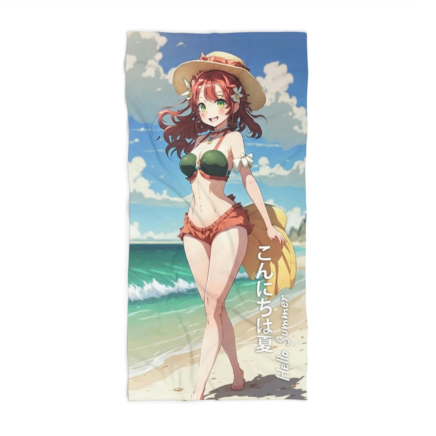 Summer Beach Towel: Hello Summer Anime Beach Girl | Absorbent Cotton-Polyester Pool Towel