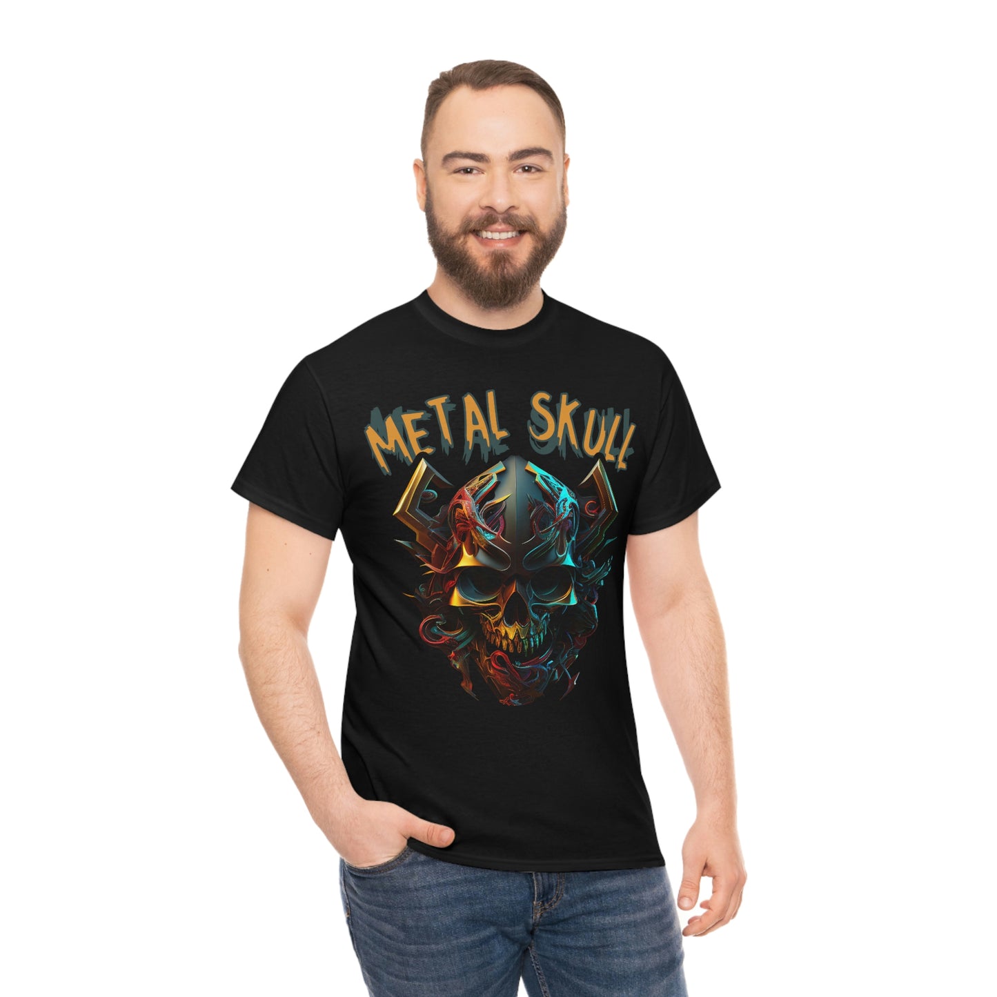 Metal Skull Heavy Cotton T-Shirt | Black T-Shirt for Men | Camiseta de Algodón para Hombre con Diseño de Calavera de Metal