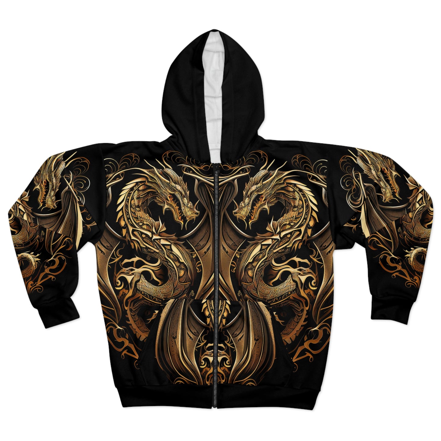 Double Dragon Unisex Zip Hoodie | Black and Gold Dragon Hoodie for Men or Women