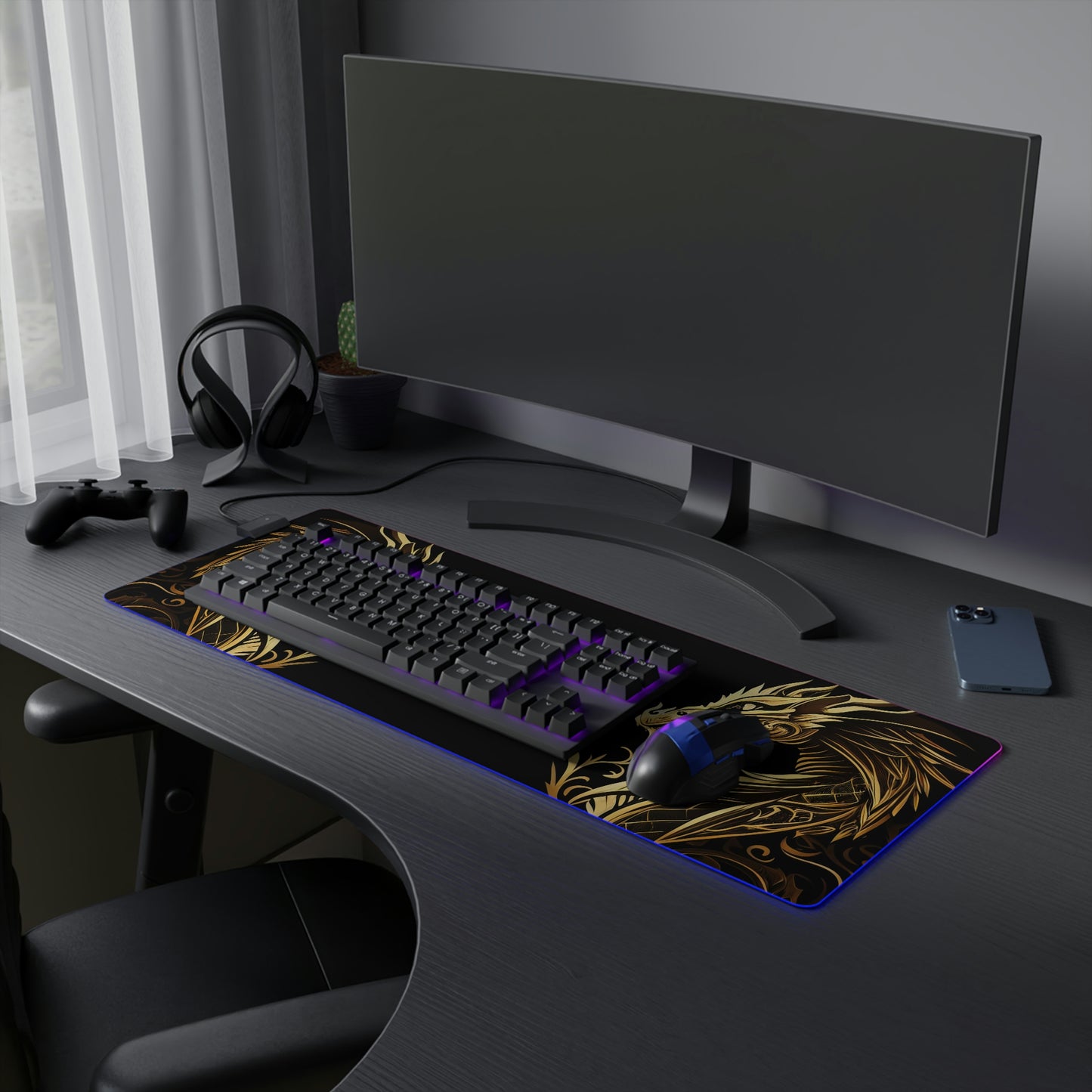 Dragon Love USB LED Gaming Mouse Pad | RGB LED Non-slip Gamer Desktop Mouse Pad | Black and Gold Gaming Pad