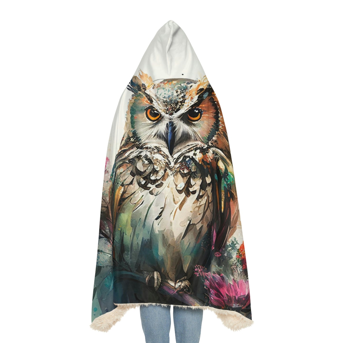 Watercolor Owl Snuggle Hooded Blanket | Cobija con Gorro y Diseño de Búho