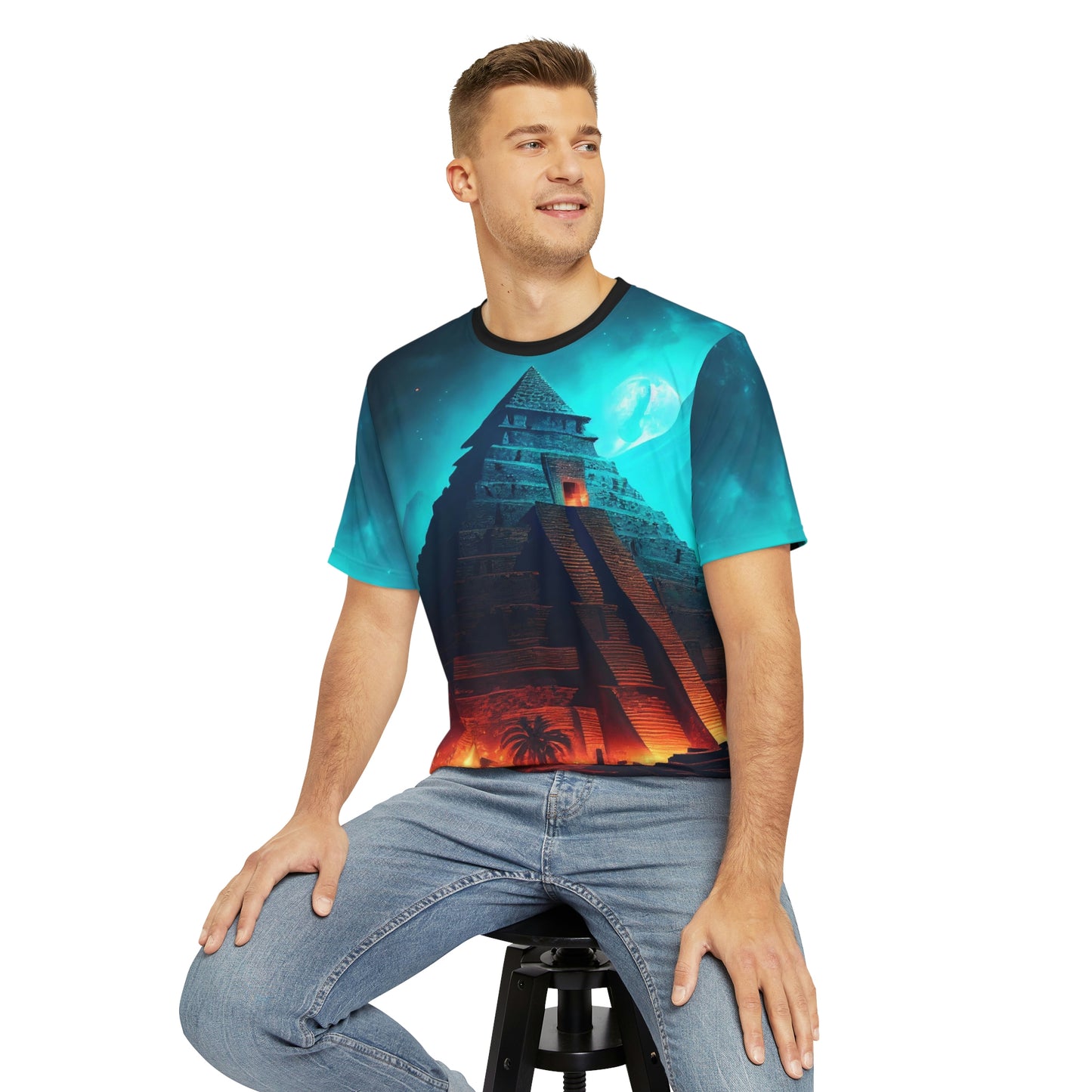 Aztec Pyramid at Night T-Shirt | Men's Printed Polyester Tee | Short Sleeve T-Shirt for Man