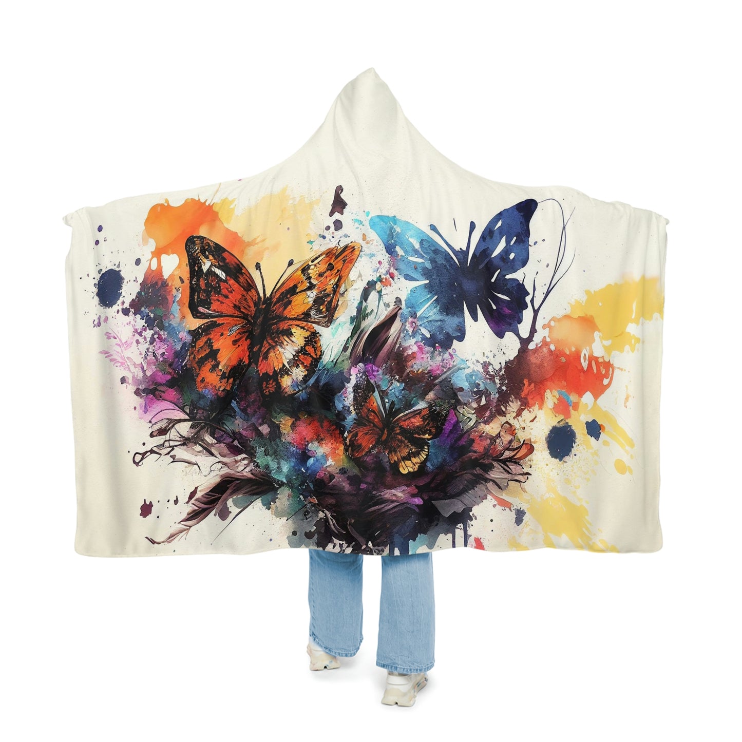 Watercolor Butterflies and Flowers Snuggle Hooded Blanket | Cobija con Gorro y Diseño de Mariposas y Flores