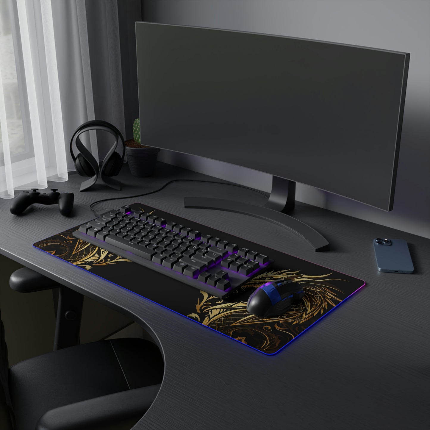 Dragon Love USB LED Gaming Mouse Pad | RGB LED Non-slip Gamer Desktop Mouse Pad | Black and Gold Gaming Pad