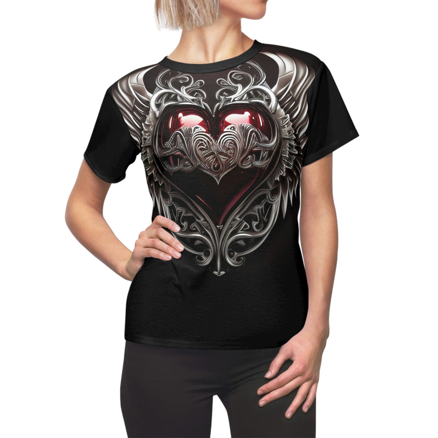 Metal Heart Printed T-Shirt | Black Short Sleeve Tee for Woman | Playera Impresa con Corazon de Metal