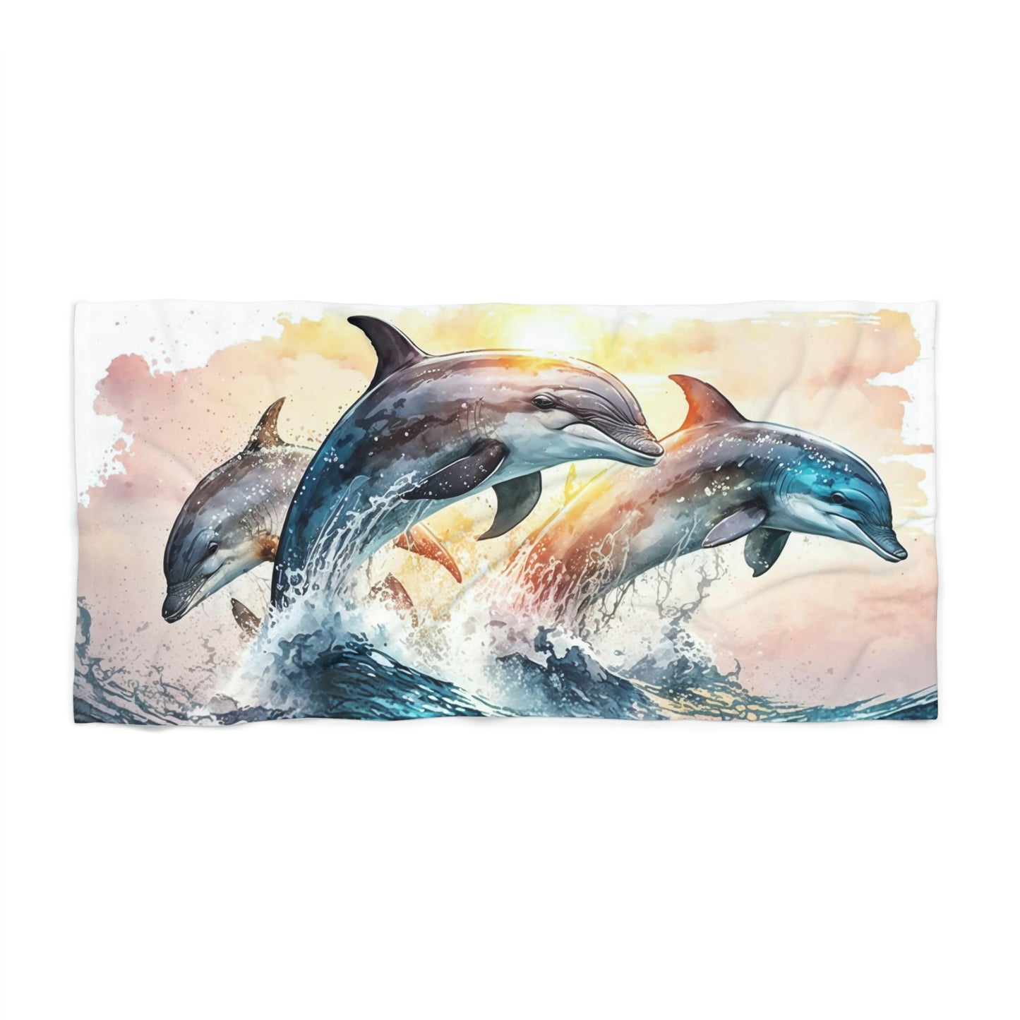 Absorbent Beach Towel: Three Watercolor Dolphins at Sunset | Cotton-Polyester Pool Towel