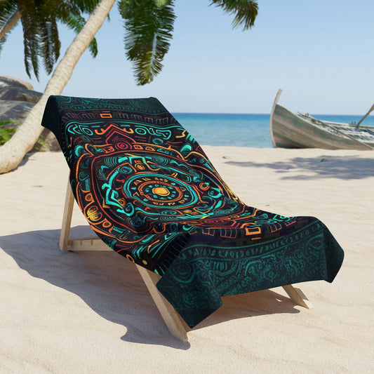 Beach Towel: Color Ancient Pattern | Aztec Inspired Cotton-Polyester Pool Towel