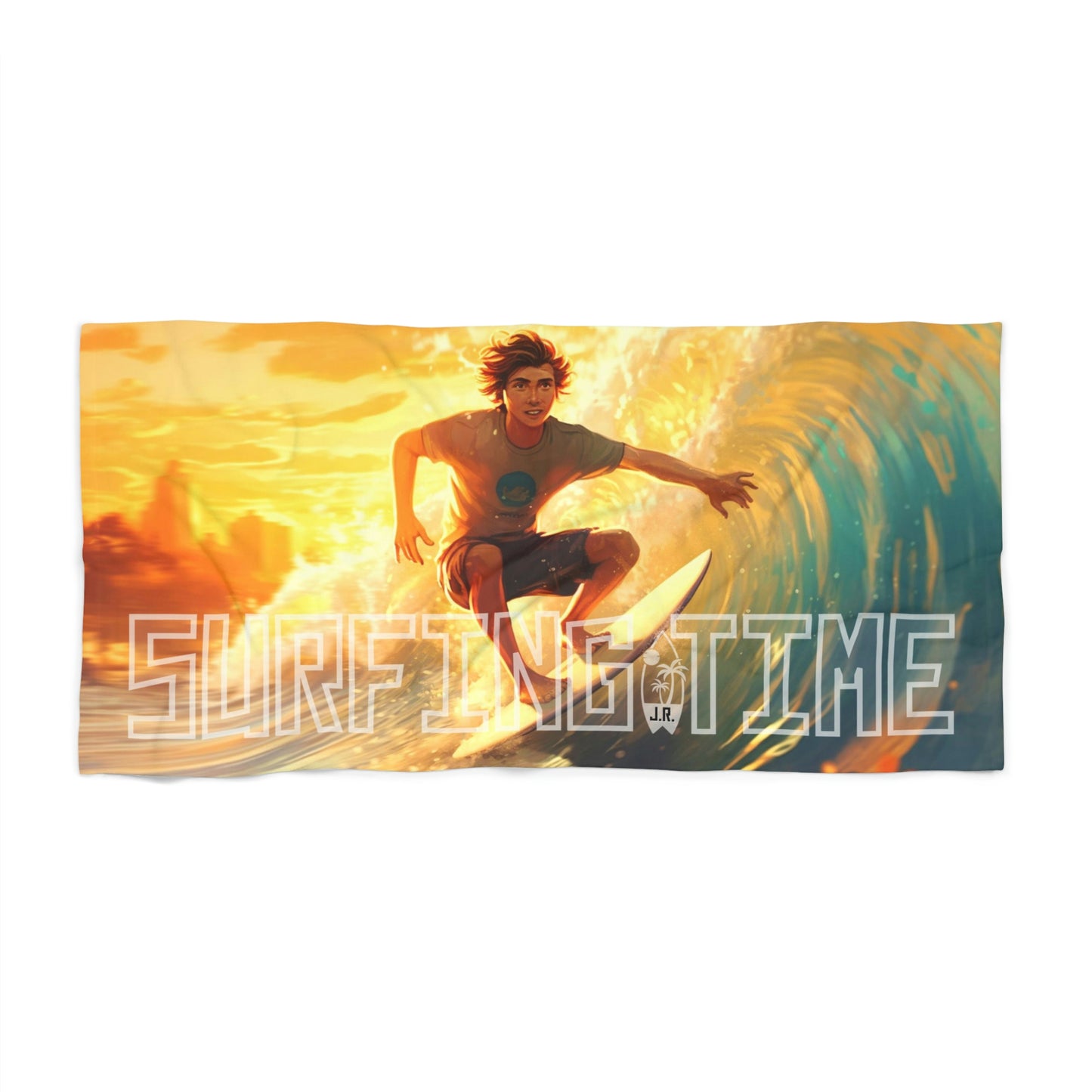 Personalized Beach Towel: Surfing Time Boy Surfer | Absorbent Cotton-Polyester Pool Towel | Toalla de Playa Absorbente