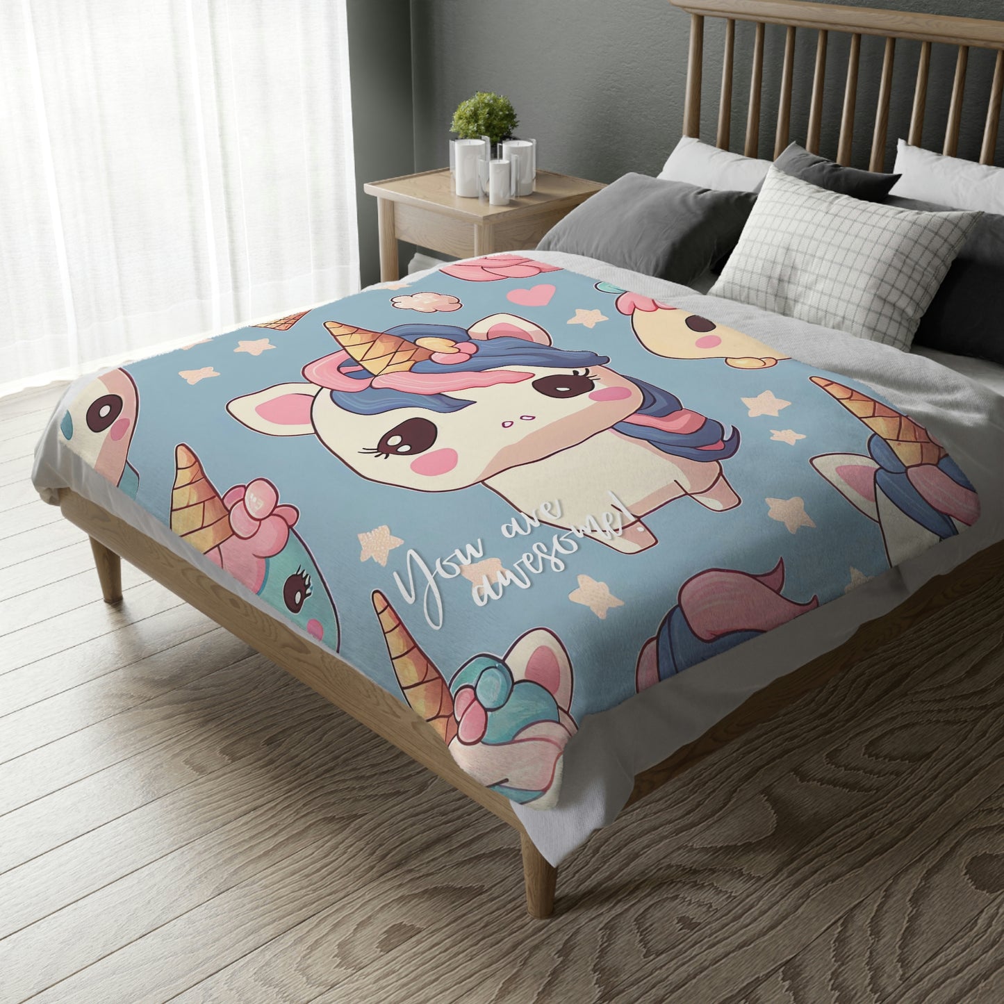 Unicorn "You are awesome!" Velveteen Minky Blanket | Reversible soft warm blanket