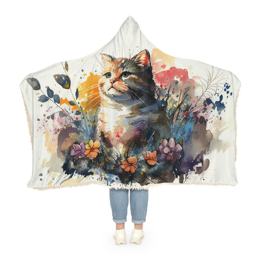 Watercolor Cat Snuggle Hooded Blanket | Cobija con Gorro y Diseño de Gato