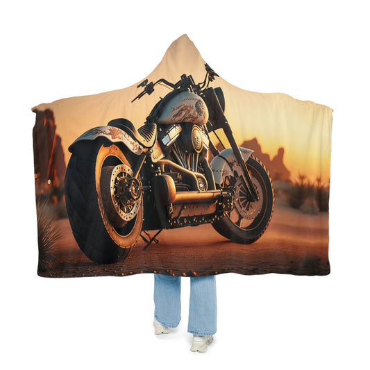 White Motorcycle Desert Snuggle Hooded Blanket | Cobija con Gorro y Diseño de Motocicleta en Desierto