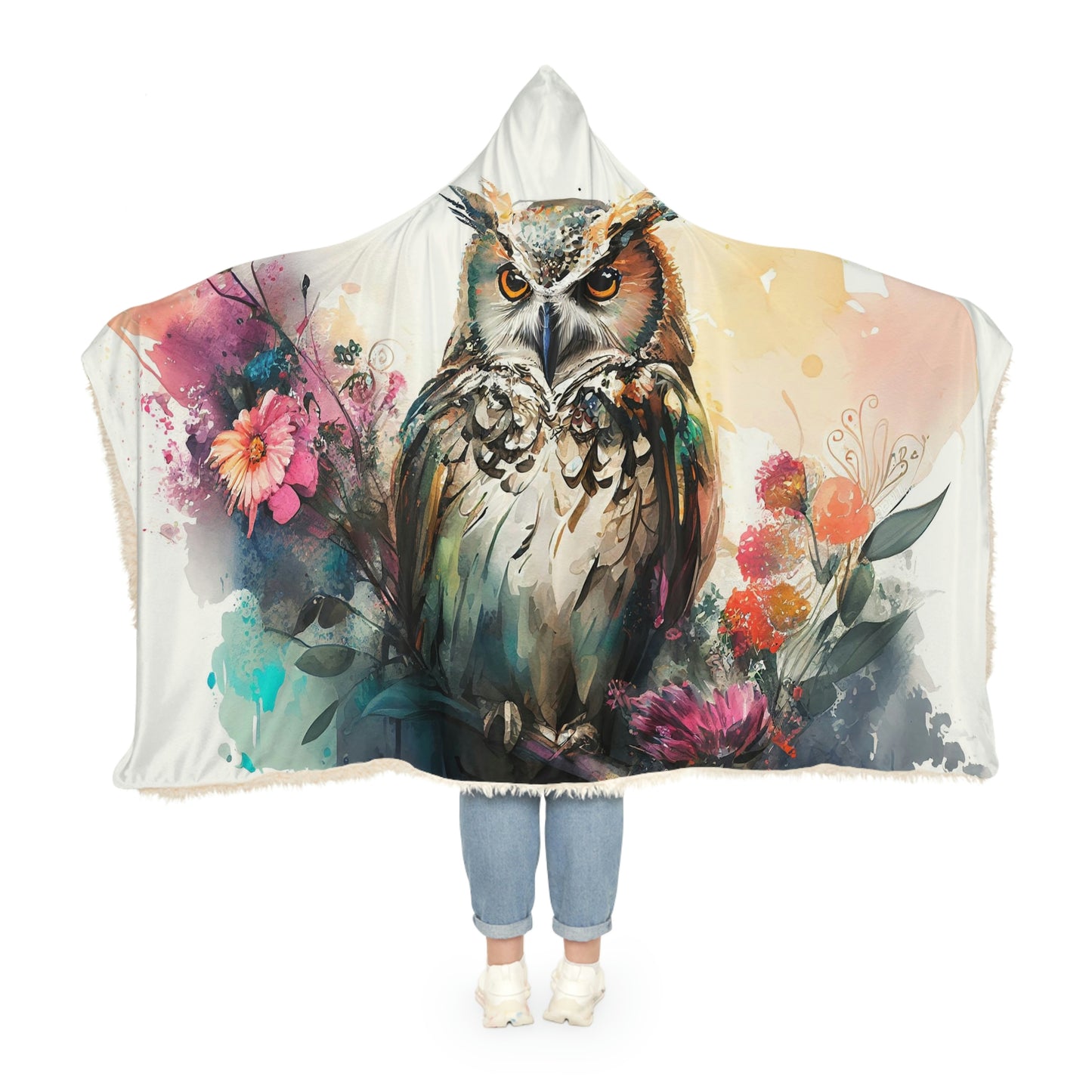 Watercolor Owl Snuggle Hooded Blanket | Cobija con Gorro y Diseño de Búho