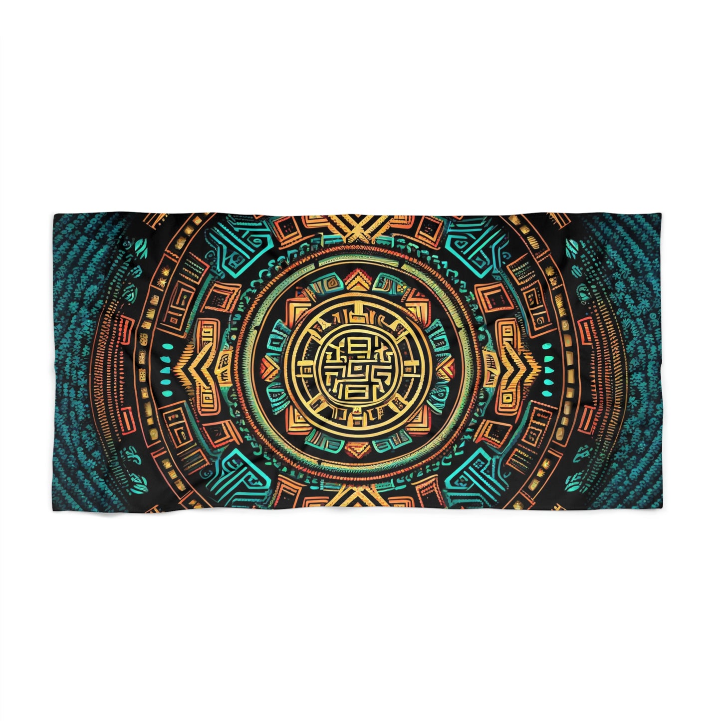 Beach Towel:  Circular Ancient Pattern | Aztec Inspired Cotton-Polyester Pool Towel