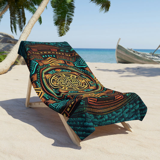 Beach Towel:  Circular Ancient Pattern | Aztec Inspired Cotton-Polyester Pool Towel