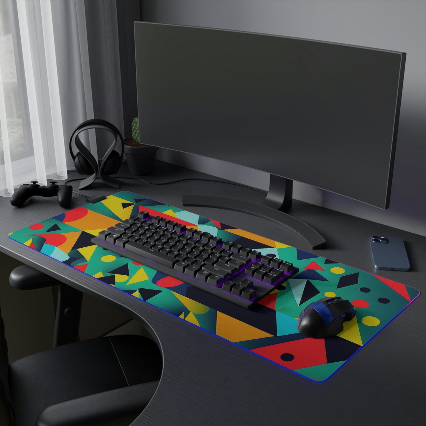 Color Geometric Shapes USB LED Gaming Mouse Pad | RGB LED Non-slip Gamer Desktop Mouse Pad | Multi-Color Gaming Pad