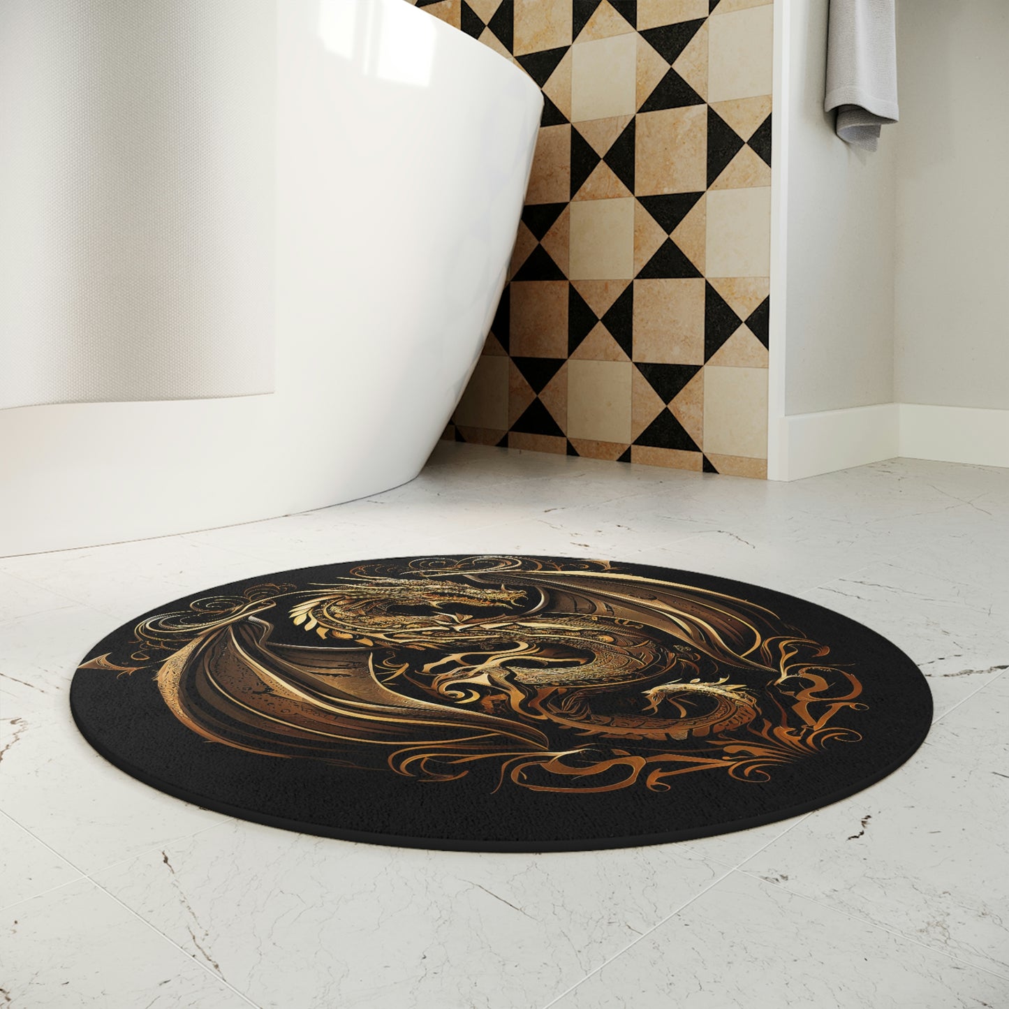 Gold and Black Dragon Bath Mat | Bathroom Rug | 28 inch. Bath Mat | Anti Slip Mat