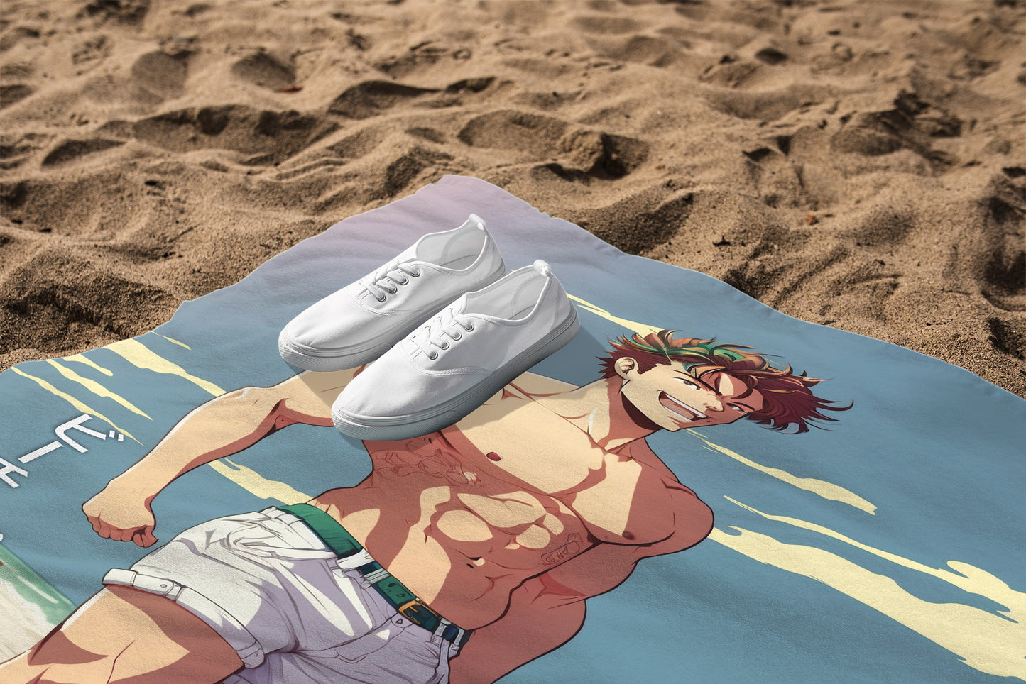 Beach Towel: Anime Man Beach Time | Absorbent Cotton-Polyester Pool Towel