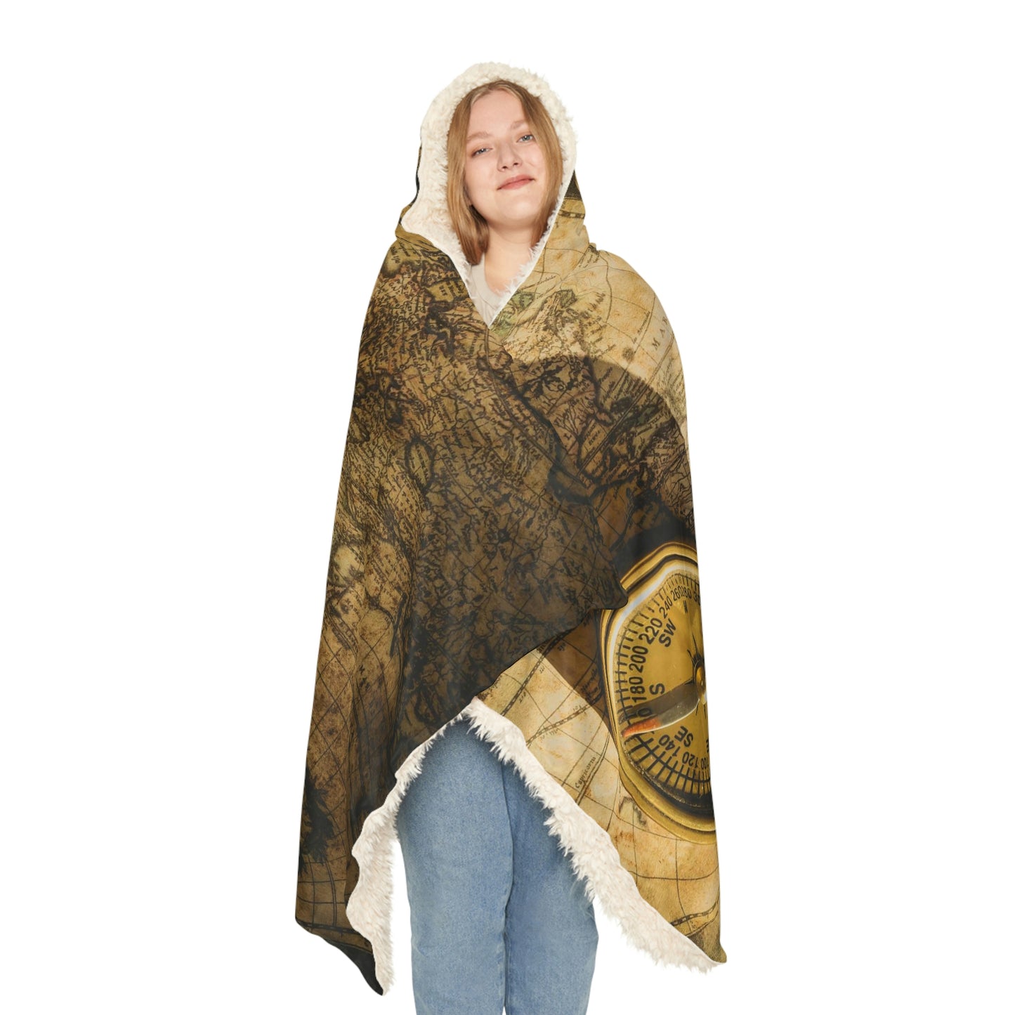 Old Map and Compass Snuggle Hooded Blanket | Cobija con Gorro y Diseño de Mapa y Brujula