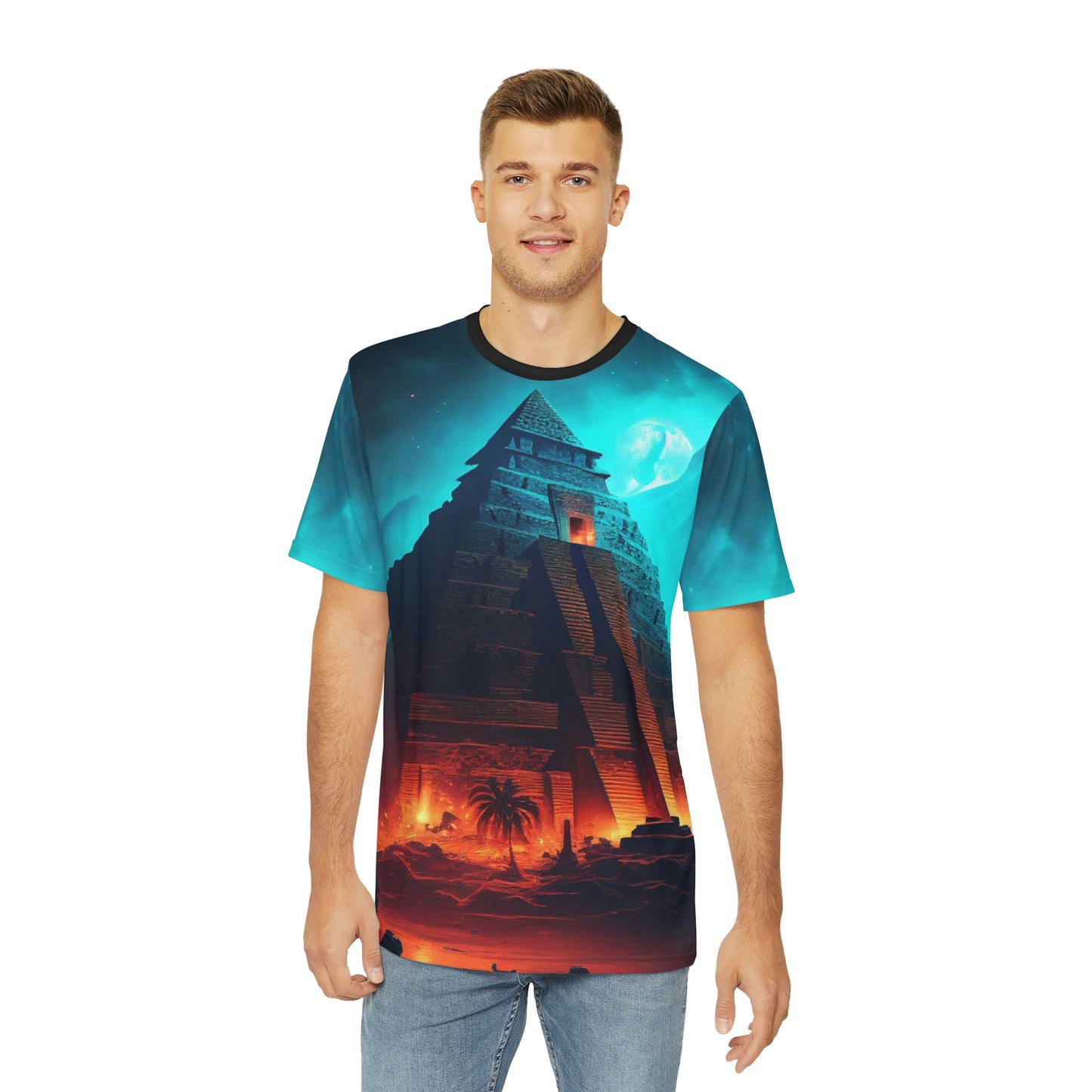 Aztec Pyramid at Night T-Shirt | Men's Printed Polyester Tee | Short Sleeve T-Shirt for Man