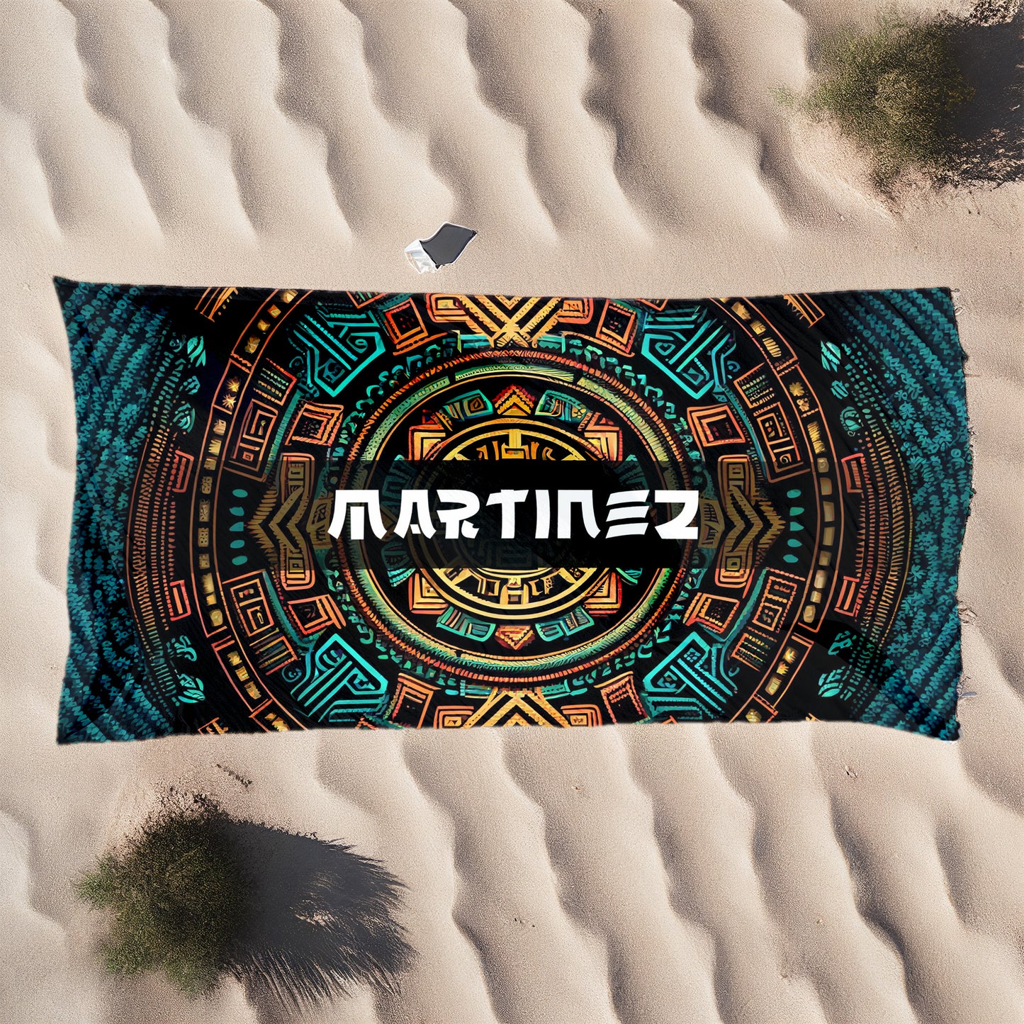 Beach Towel:  Circular Ancient Pattern | Aztec Inspired Cotton-Polyester Pool Towel