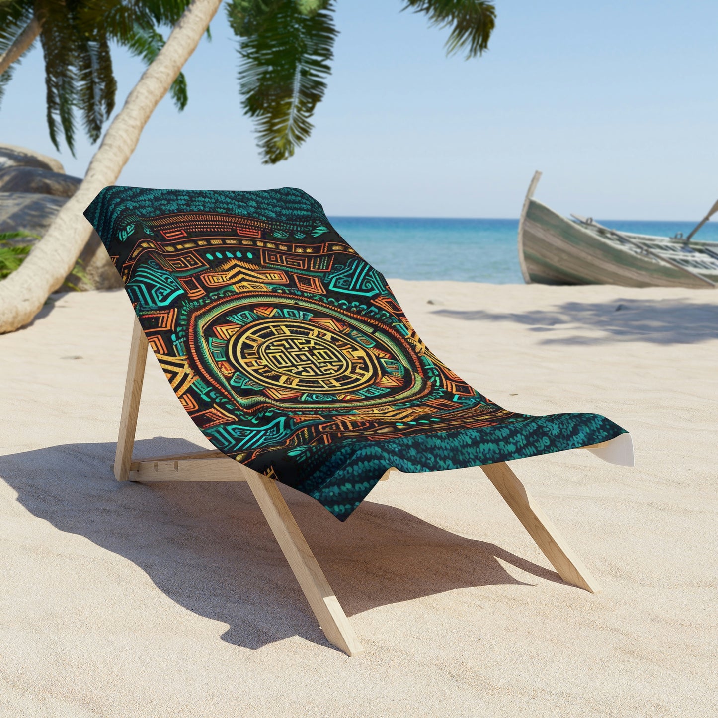 Beach Towel:  Circular Ancient Pattern | Aztec Inspired Cotton-Polyester Pool Towel