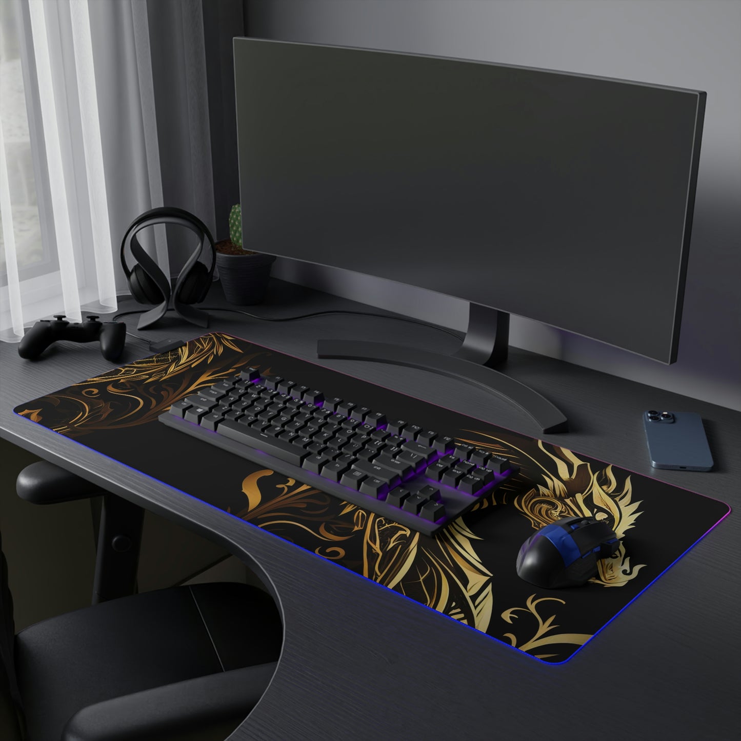 Black and Golden Dragon USB LED Gaming Mouse Pad | RGB LED Non-slip Gamer Desktop Mouse Pad