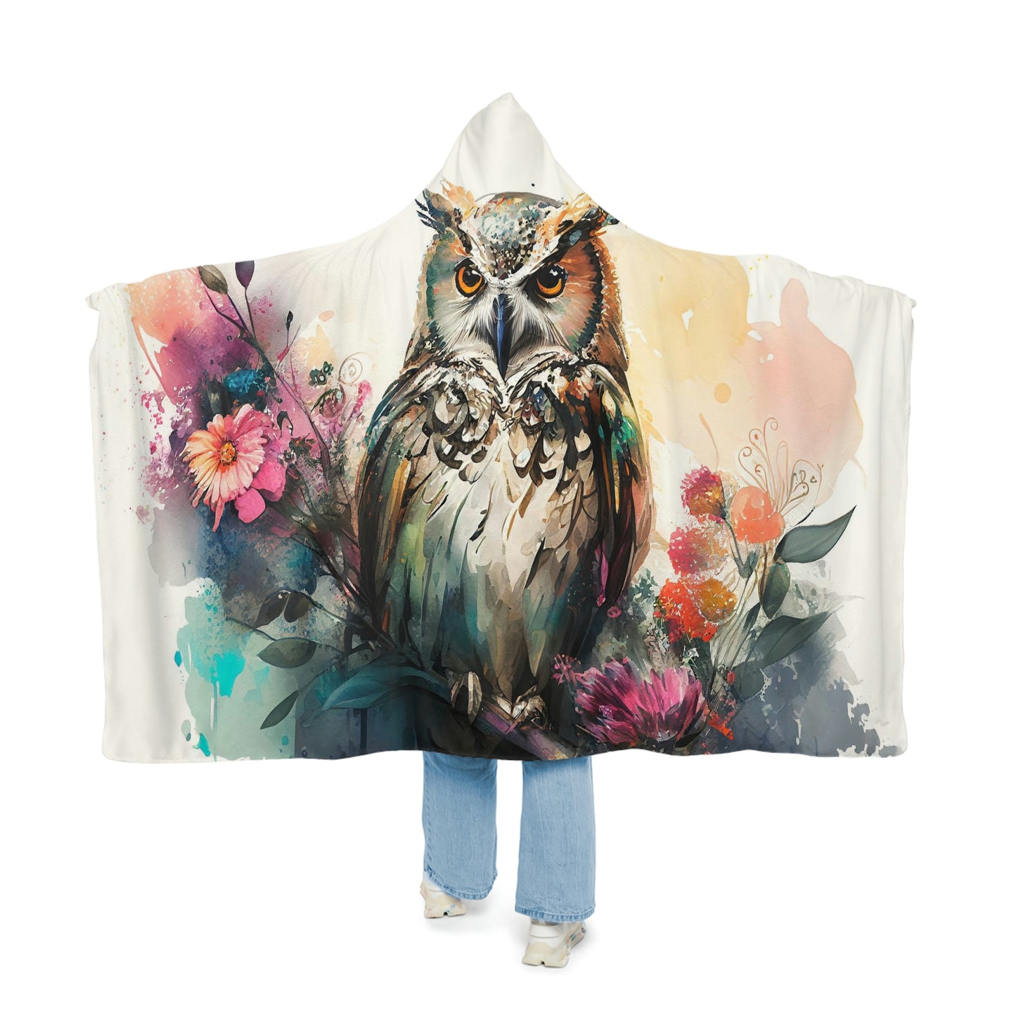 Watercolor Owl Snuggle Hooded Blanket | Cobija con Gorro y Diseño de Búho