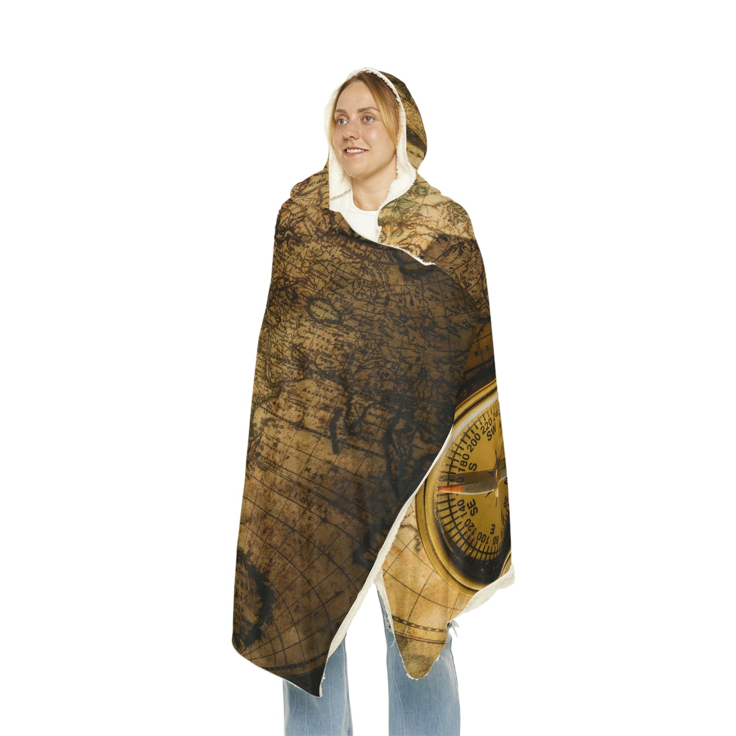 Old Map and Compass Snuggle Hooded Blanket | Cobija con Gorro y Diseño de Mapa y Brujula