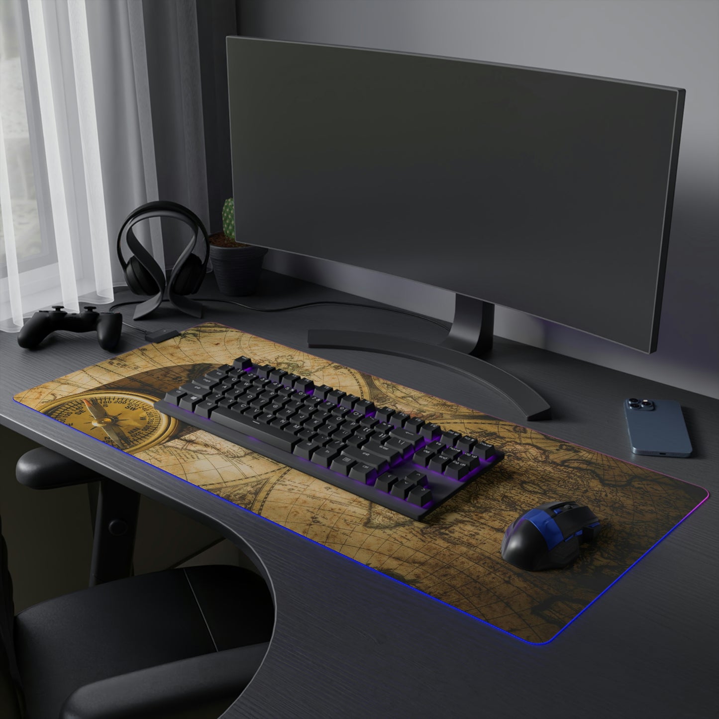 Old Map Compass USB LED Gaming Mouse Pad | RGB LED Non-slip Gamer Desktop Mouse Pad