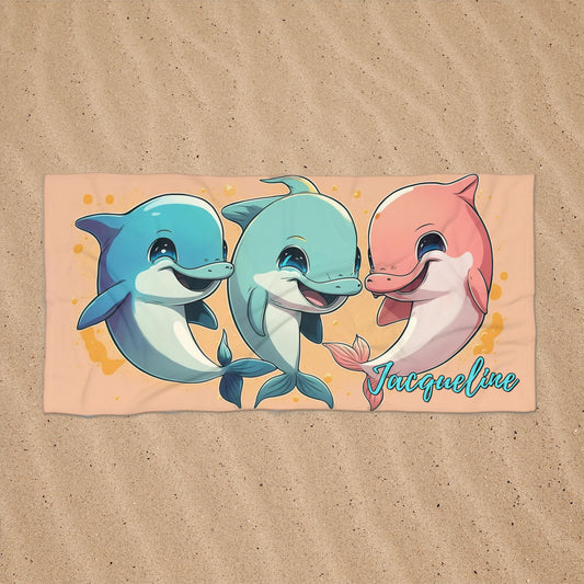 Personalized Dolphin Beach Towel:  Three Dolphin Friends | Cotton-Polyester Pool Towel for Kids and Adults