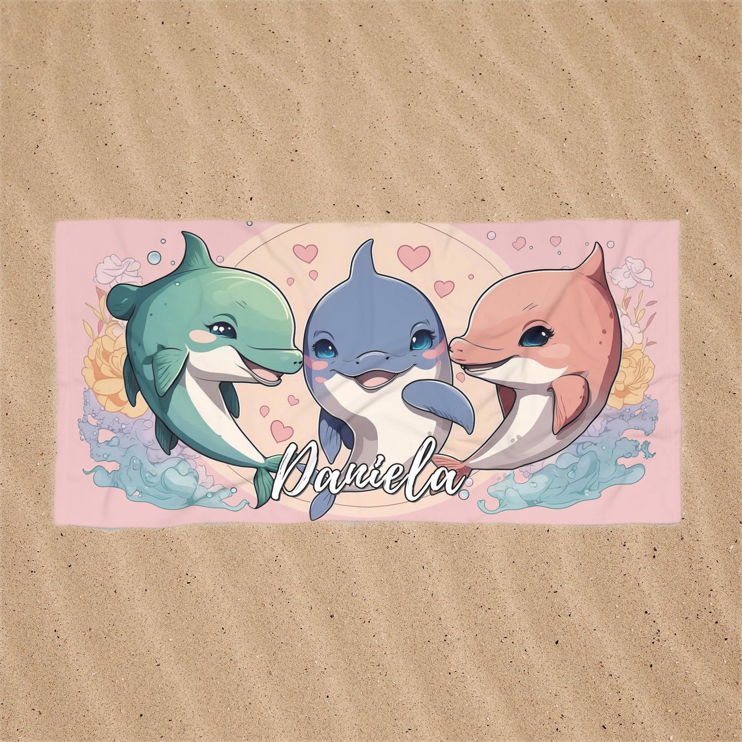 Personalized Dolphin Beach Towel:  Three Dolphin Friends | Cotton-Polyester Pool Towel for Kids and Adults