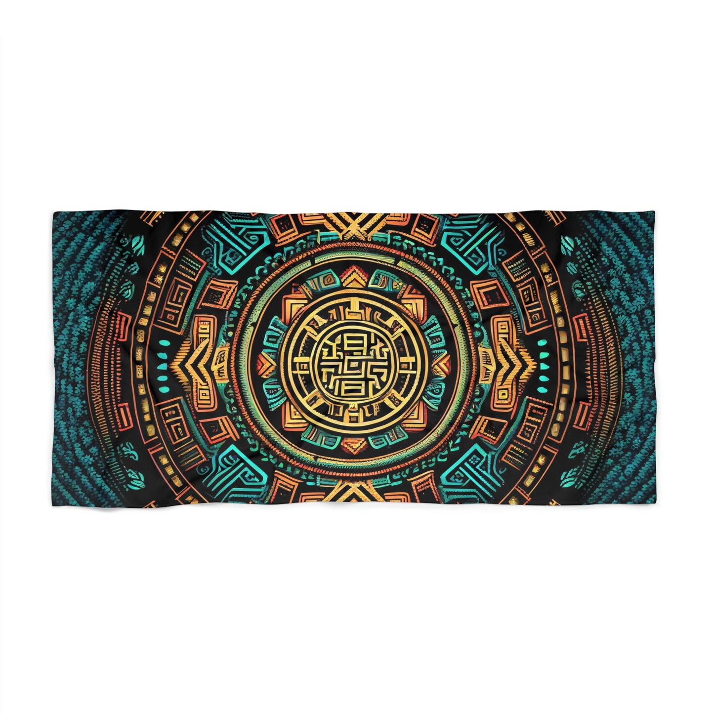 Beach Towel:  Circular Ancient Pattern | Aztec Inspired Cotton-Polyester Pool Towel