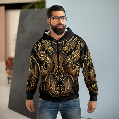 Double Dragon Unisex Zip Hoodie | Black and Gold Dragon Hoodie for Men or Women