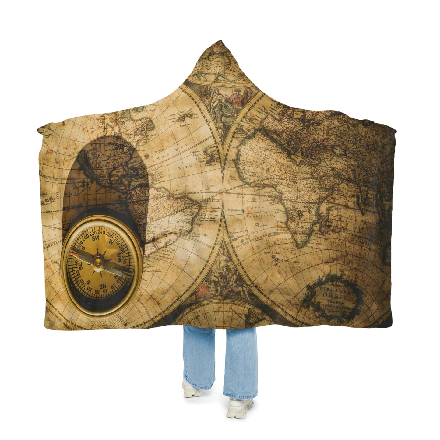 Old Map and Compass Snuggle Hooded Blanket | Cobija con Gorro y Diseño de Mapa y Brujula