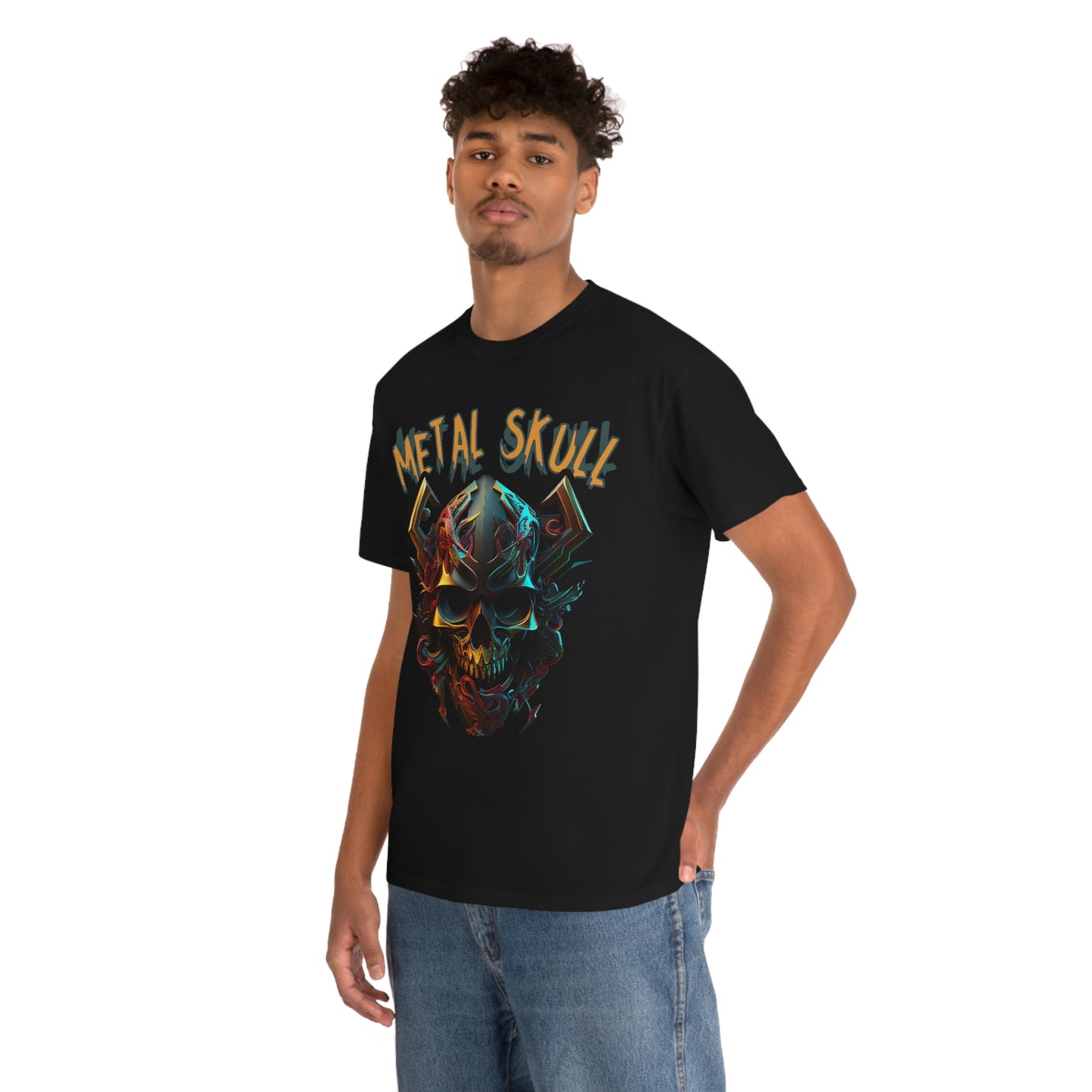 Metal Skull Heavy Cotton T-Shirt | Black T-Shirt for Men | Camiseta de Algodón para Hombre con Diseño de Calavera de Metal